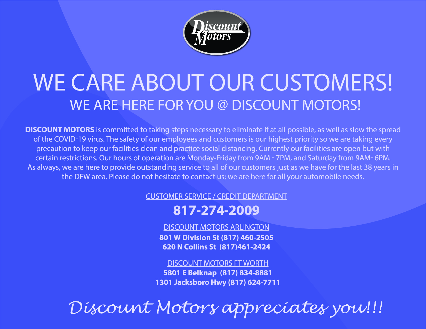 Covid-19 Message - Discount Motors