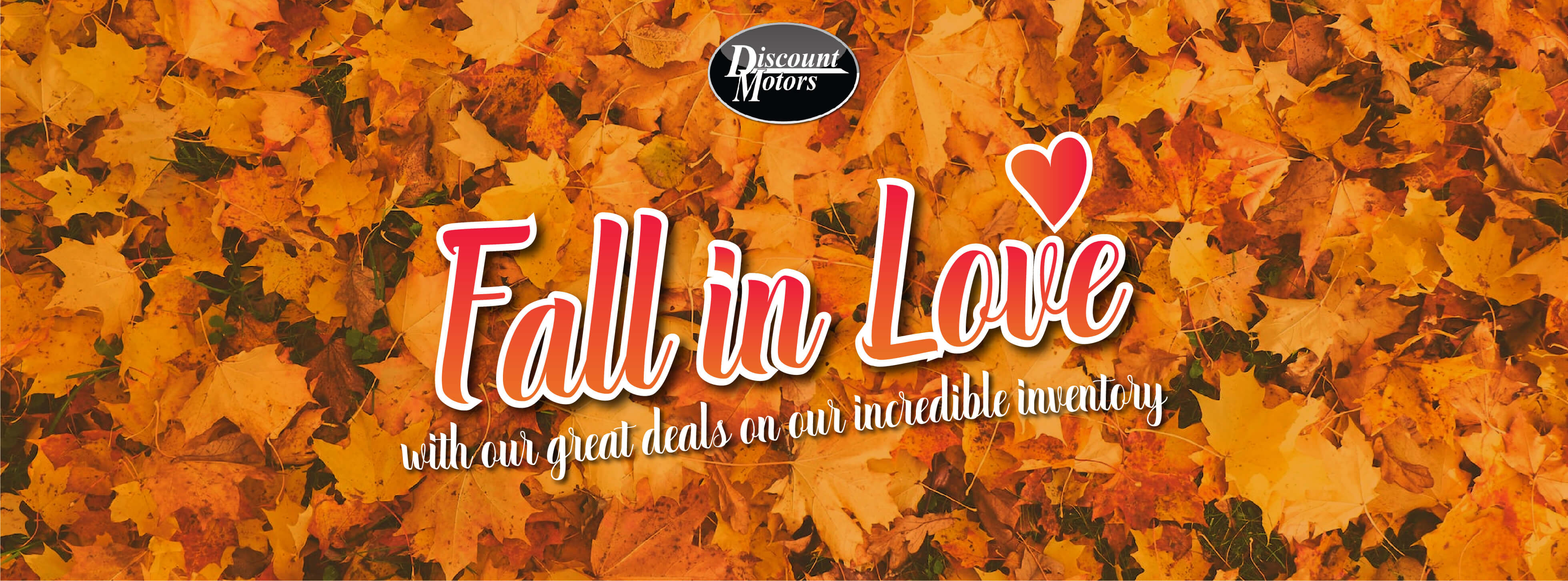 Pile of orange leaves with advertising slogans. Fall in love with our great deals.