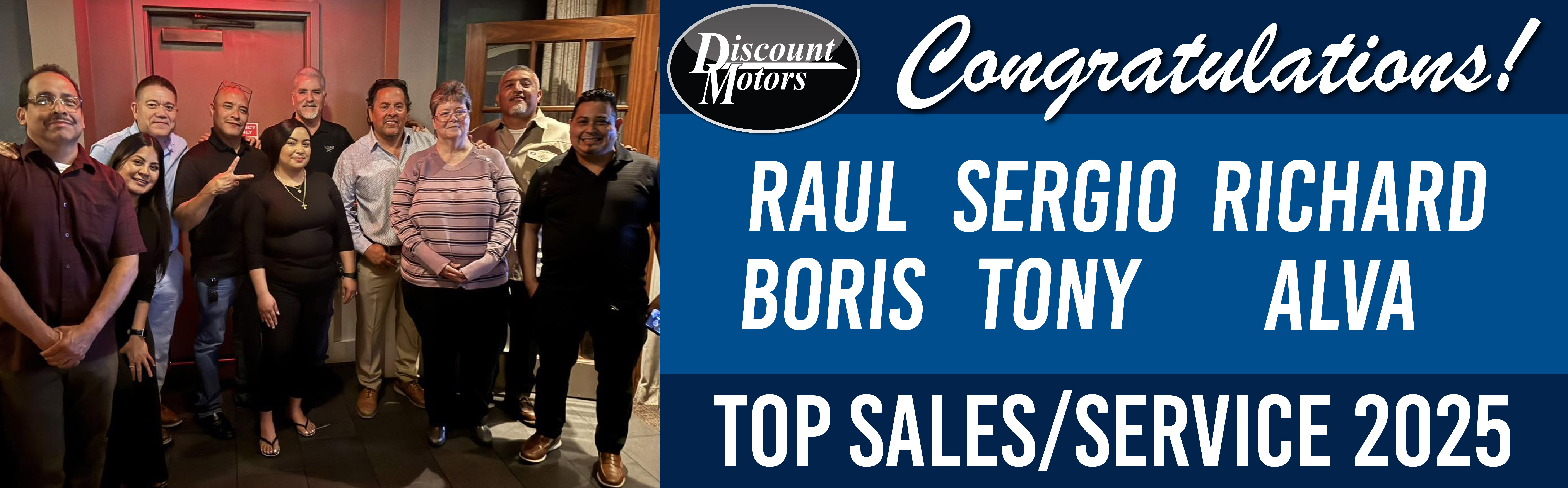 Image of multiple people holding awards. Text says, Top sales 2024 at discount motors.